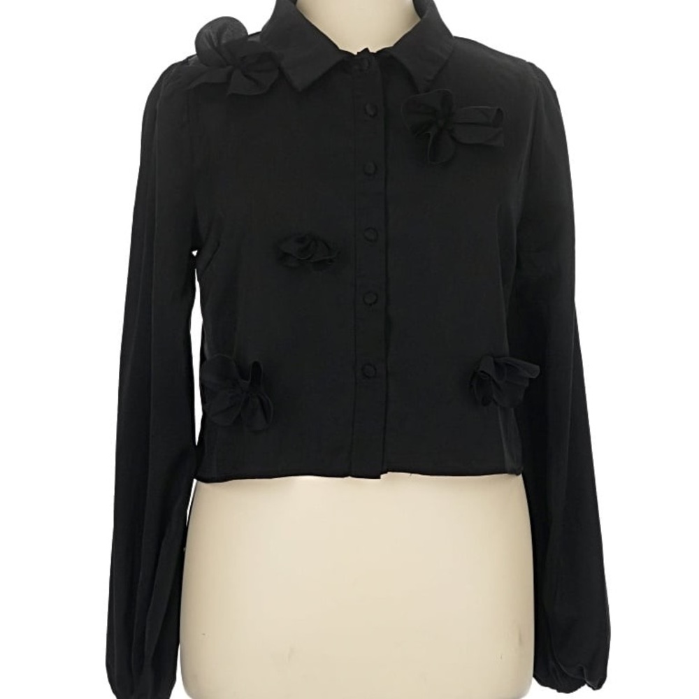 Lulumari Black Button-Front Floral Applique Blouse